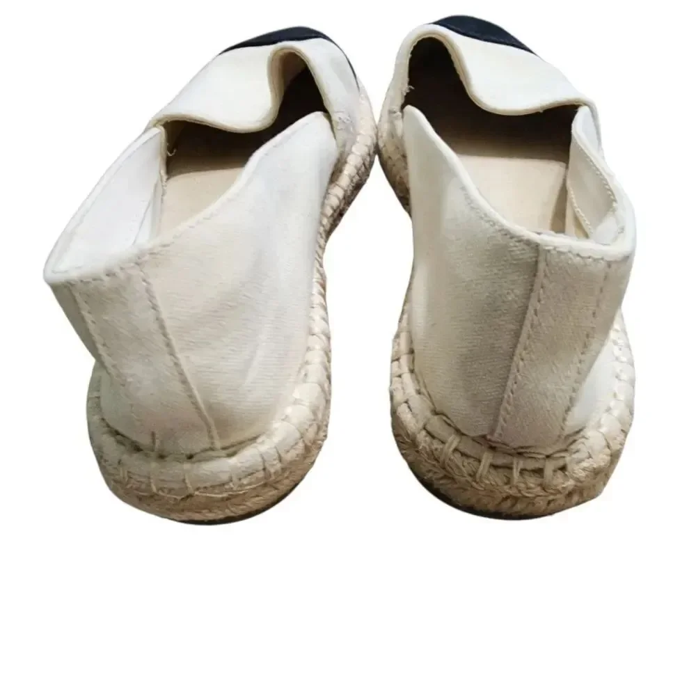 a new day Slip On Shoes 9 Cream Canvas Black Faux Suede Almond Toe Espadrilles